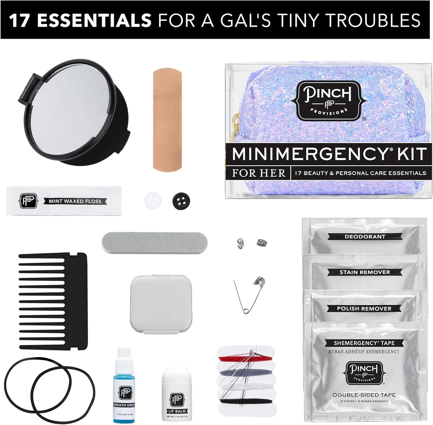 Pinch Provisions Purple Periwinkle Minimergency Kit, Includes 17 Travel-Sized Cosmetic Essentials, Convenient for Purses, Emergency Beauty Accessories, Gifts for Holidays & Birthdays