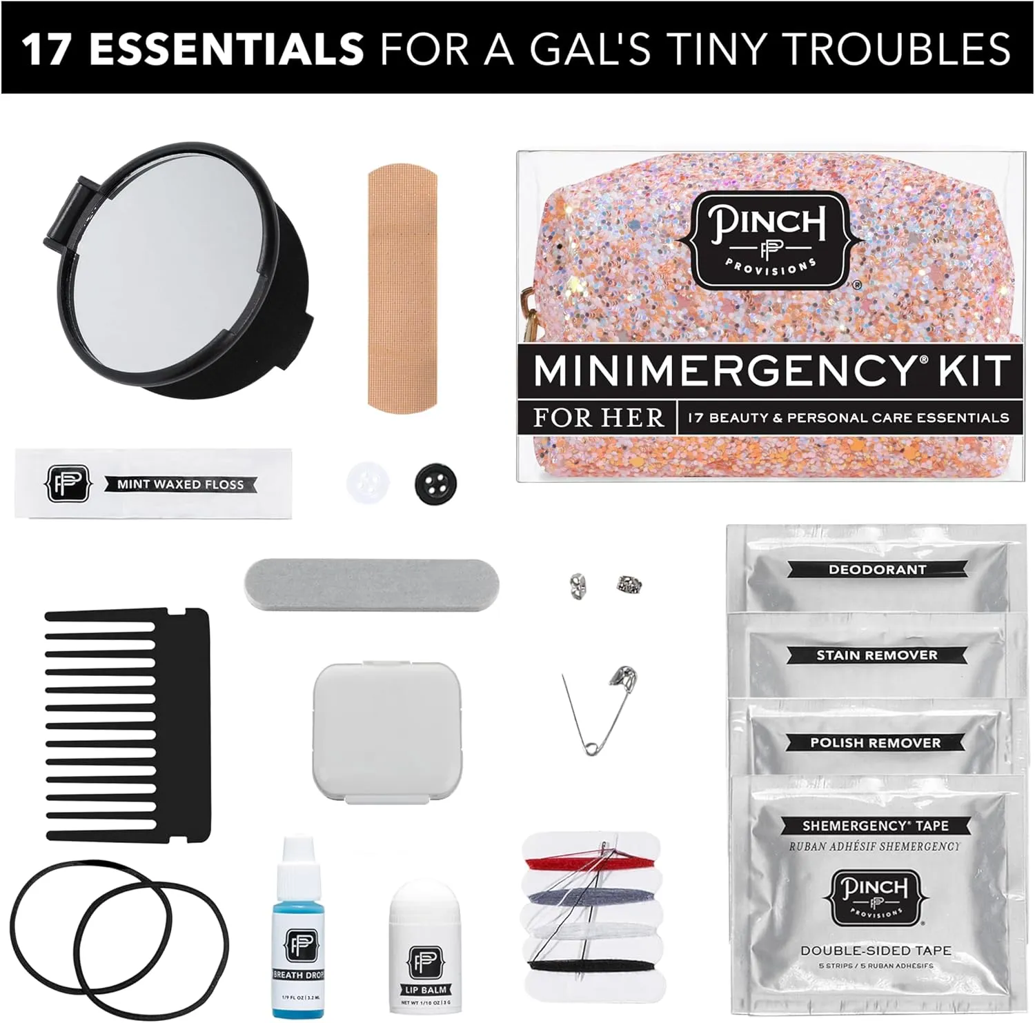 Pinch Provisions Ros Minimergency Kit, Includes 17 Travel-Sized Cosmetic Essentials, Convenient for Purses, Emergency Beauty Accessories, Gifts for Holidays & Birthdays