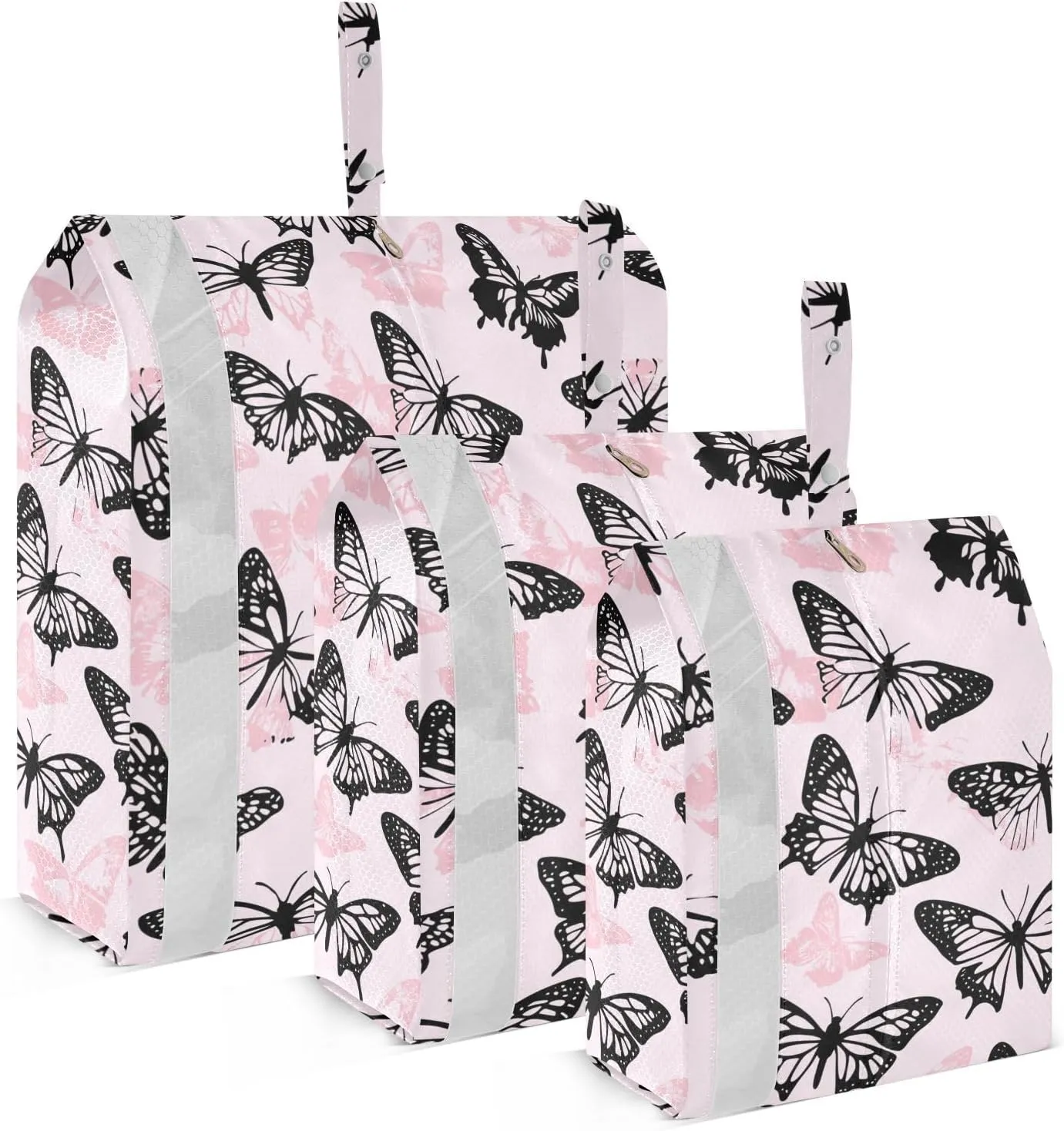 Pink Black Butterfly 3 Set Packing Travel Bags Portable Garment Bag Closet Storage Big Ziplock Bags Organization And Storage Bedroom
