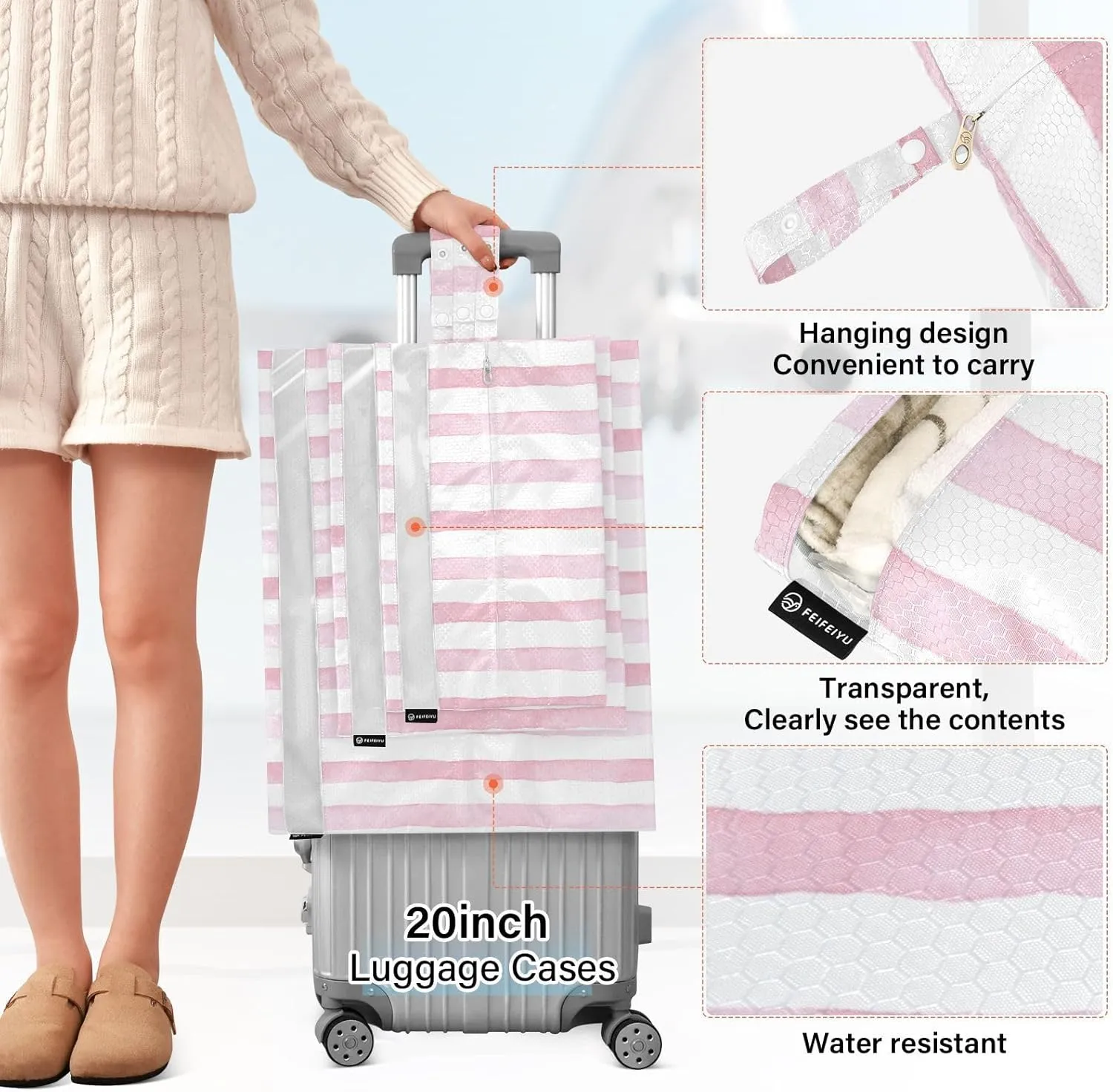 Pink Stripe 3 Set Travel Packing Cubes For Suitcases, Foldable, Garment Bag Closet Storage, Luggage Space Saver, Organizadores De Maletas Para