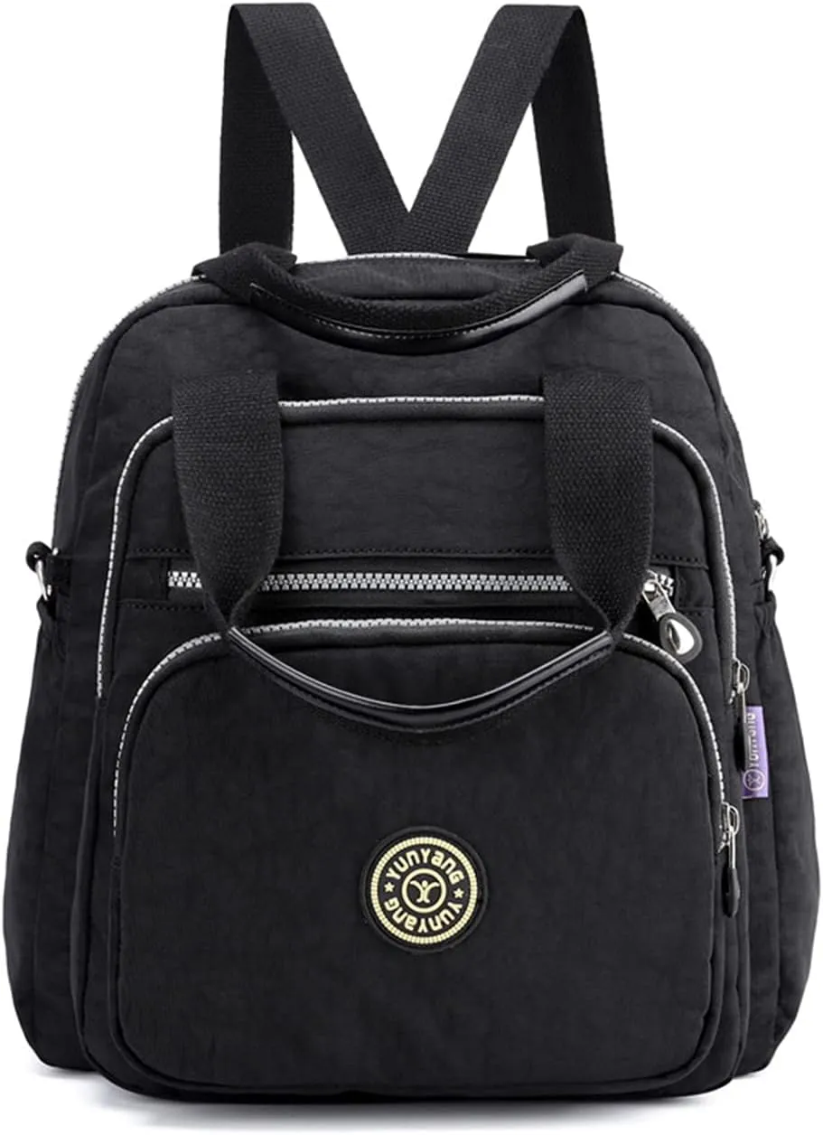 PORRASSO Casual Backpack Women Shoulder Bag Ladies Crossbody Bag Nylon Handbag Daypack for Work Travel Daily Use Black