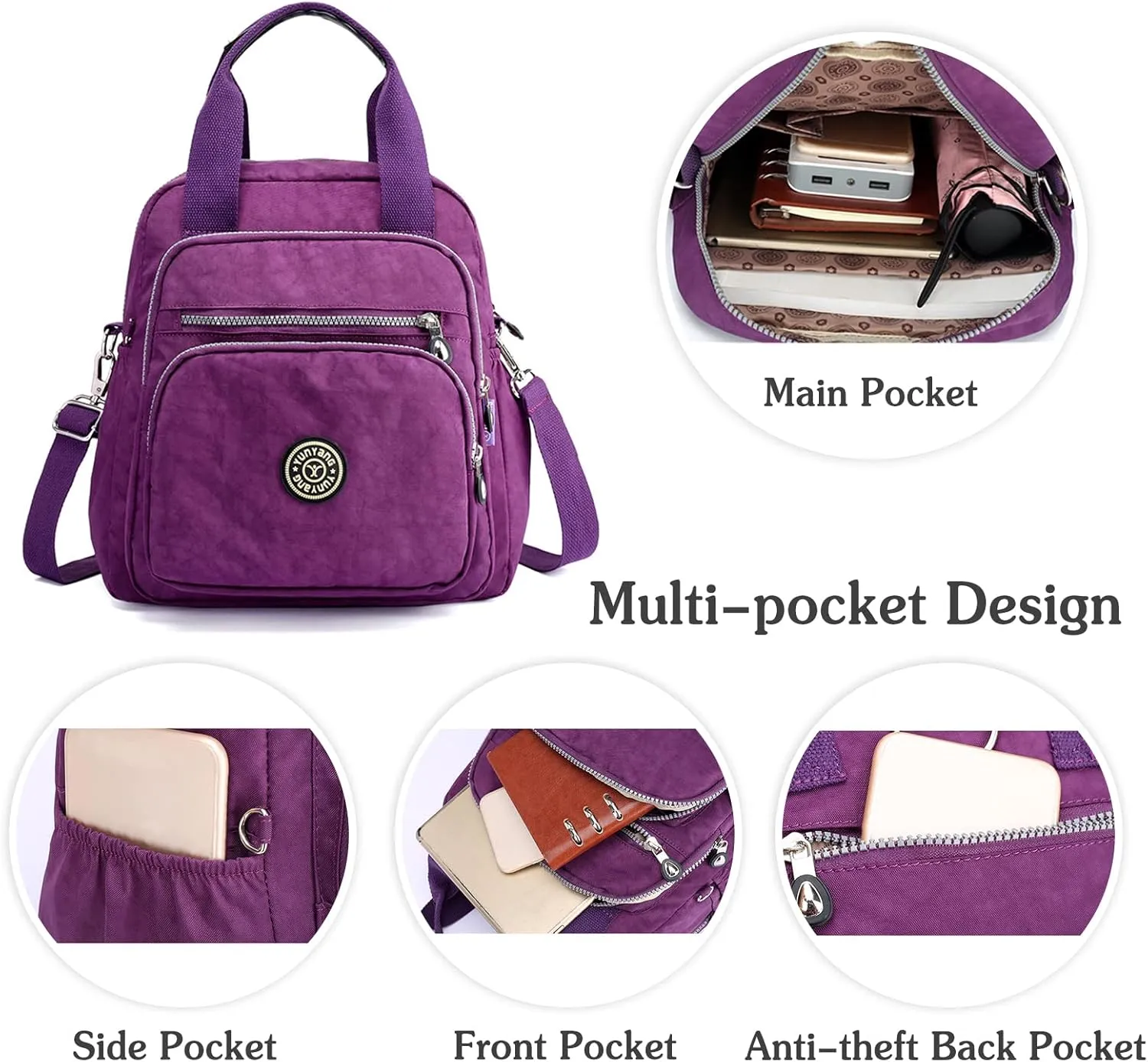 PORRASSO Casual Backpack Women Shoulder Bag Ladies Crossbody Bag Nylon Handbag Daypack for Work Travel Daily Use Khaki