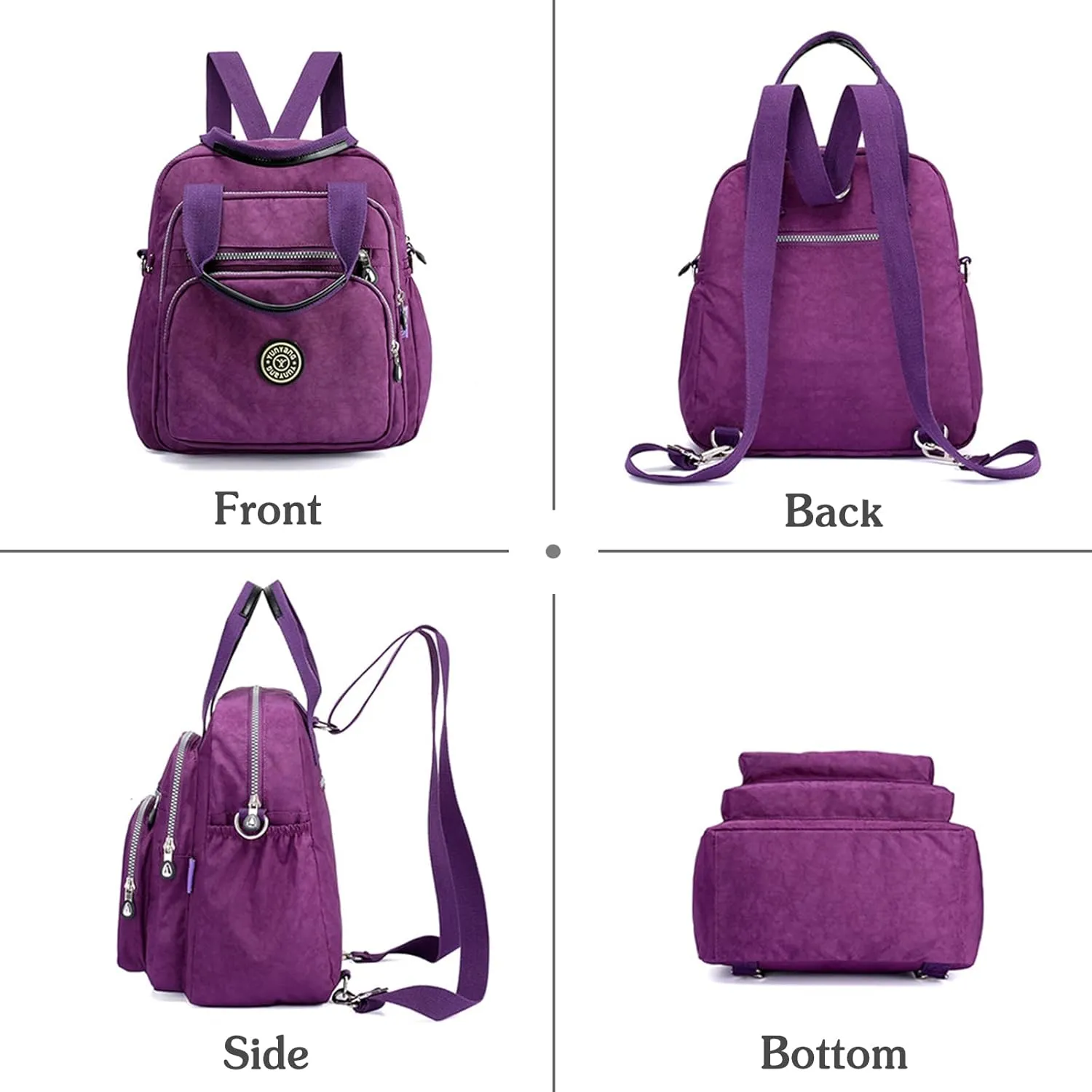 PORRASSO Casual Backpack Women Shoulder Bag Ladies Crossbody Bag Nylon Handbag Daypack for Work Travel Daily Use Purple