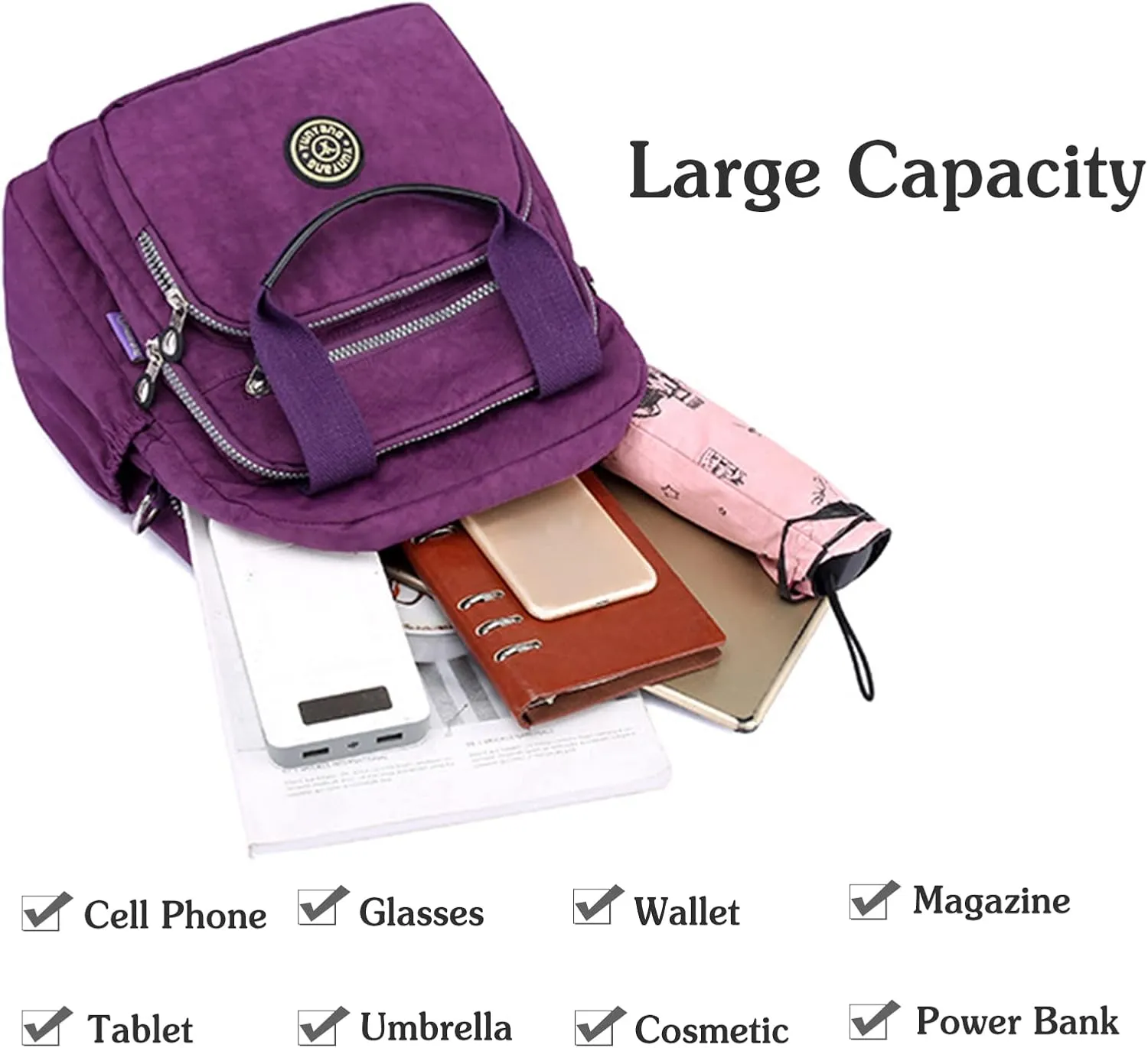 PORRASSO Casual Backpack Women Shoulder Bag Ladies Crossbody Bag Nylon Handbag Daypack for Work Travel Daily Use Purple