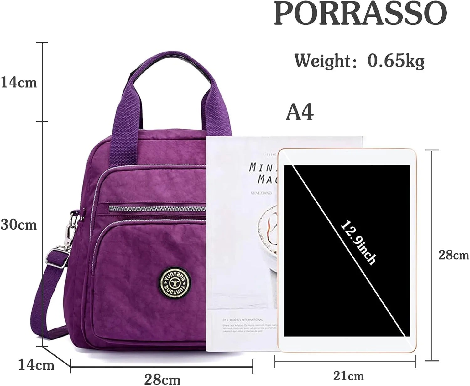 PORRASSO Casual Backpack Women Shoulder Bag Ladies Crossbody Bag Nylon Handbag Daypack for Work Travel Daily Use Purple