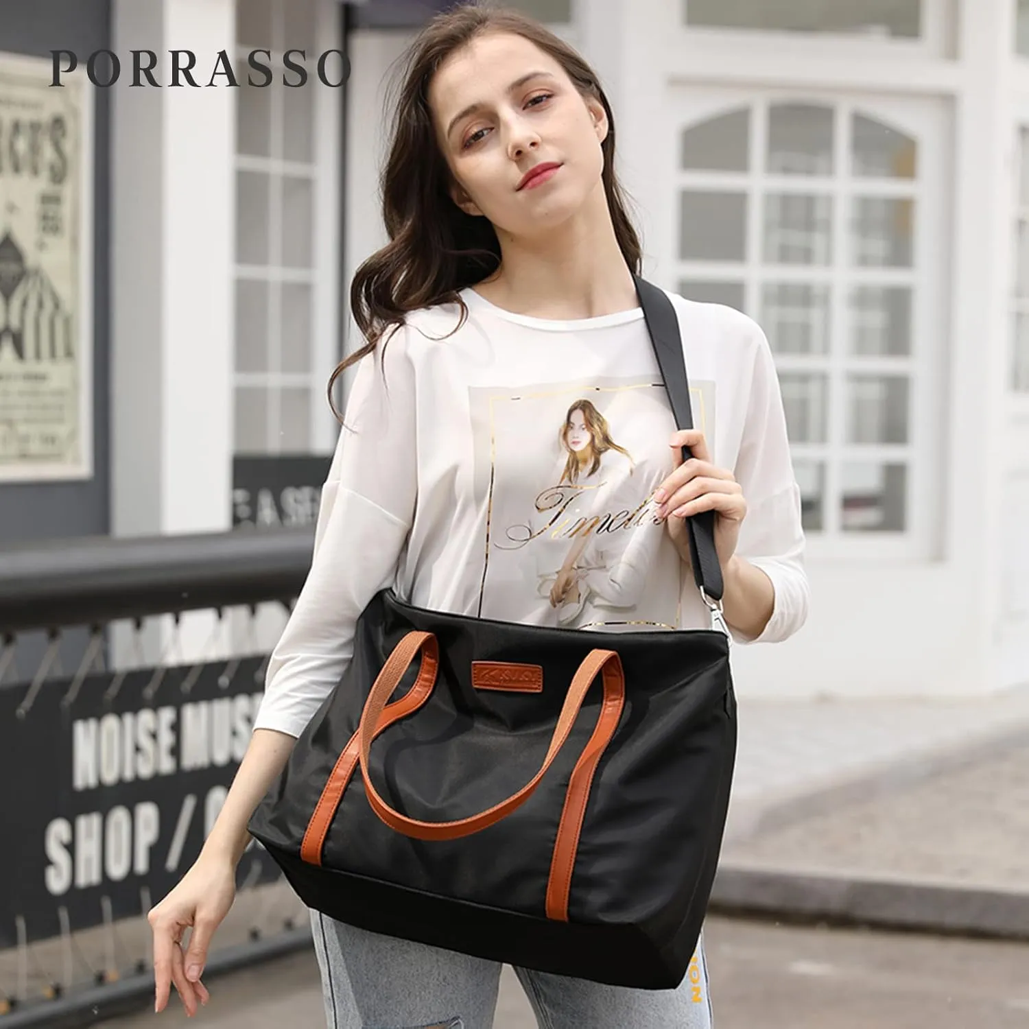 PORRASSO Laptop Tote Bag Women Briefcase Handbag Casual Shoulder Bag Crossbody Bag Fit 15.6 Inch Laptop for Work Business Travel Black