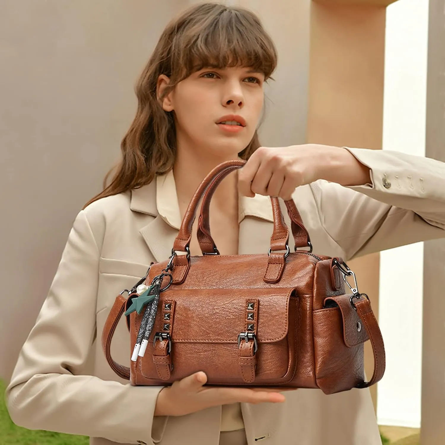 PORRASSO Retro Handbag Women Crossbody Bag Ladies Shoulder Bag with Pendant Satchel