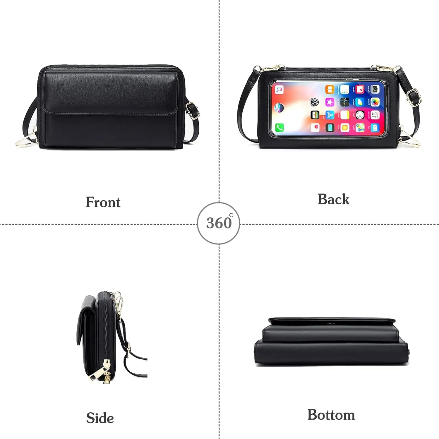 PORRASSO Touch Screen Crossbody Phone Bag Fashion Wallet Women's Shoulder Bag Clutch RFID Blocking Purse PU Wallet for Party Wedding Travelling Black