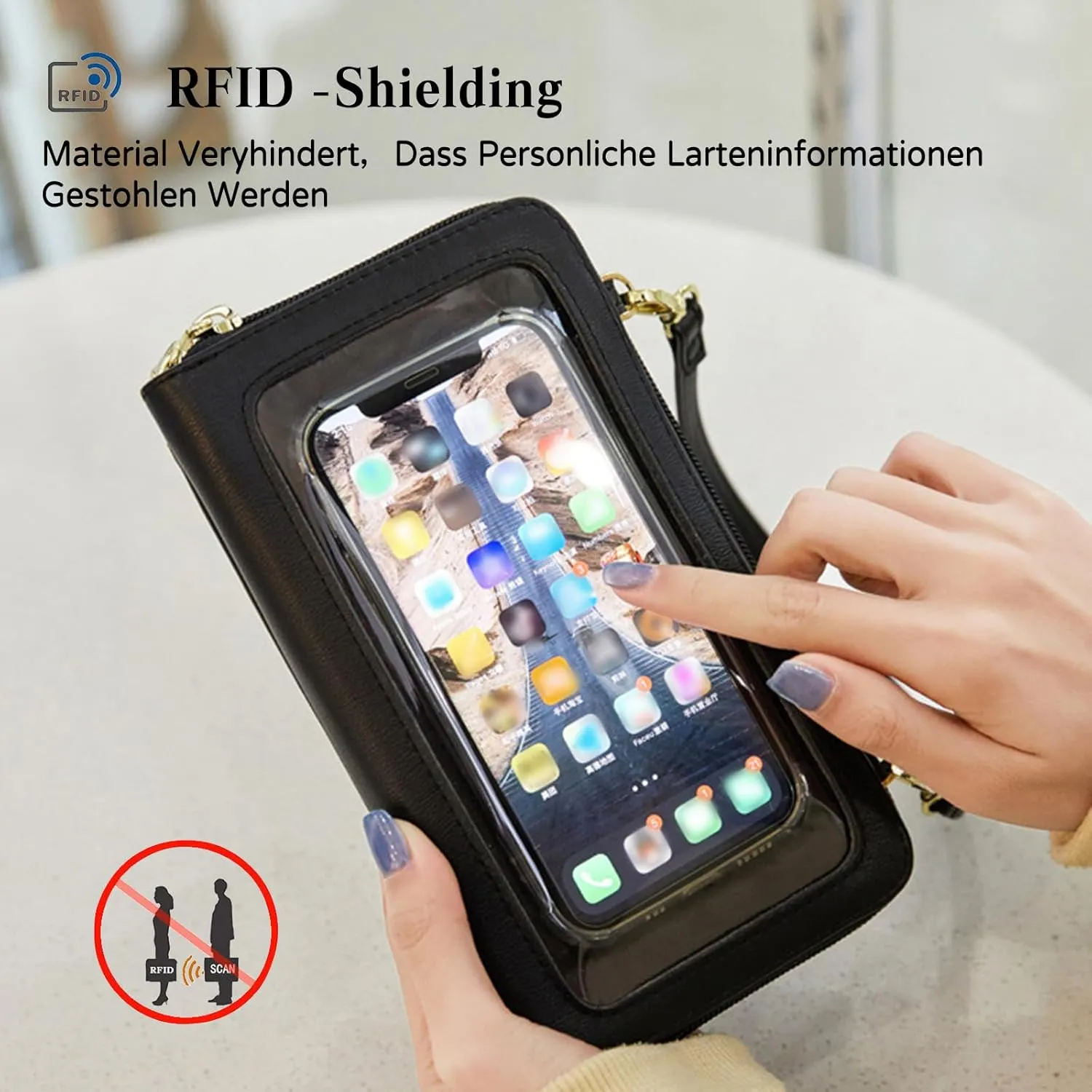 PORRASSO Touch Screen Crossbody Phone Bag Fashion Wallet Women's Shoulder Bag Clutch RFID Blocking Purse PU Wallet for Party Wedding Travelling Black