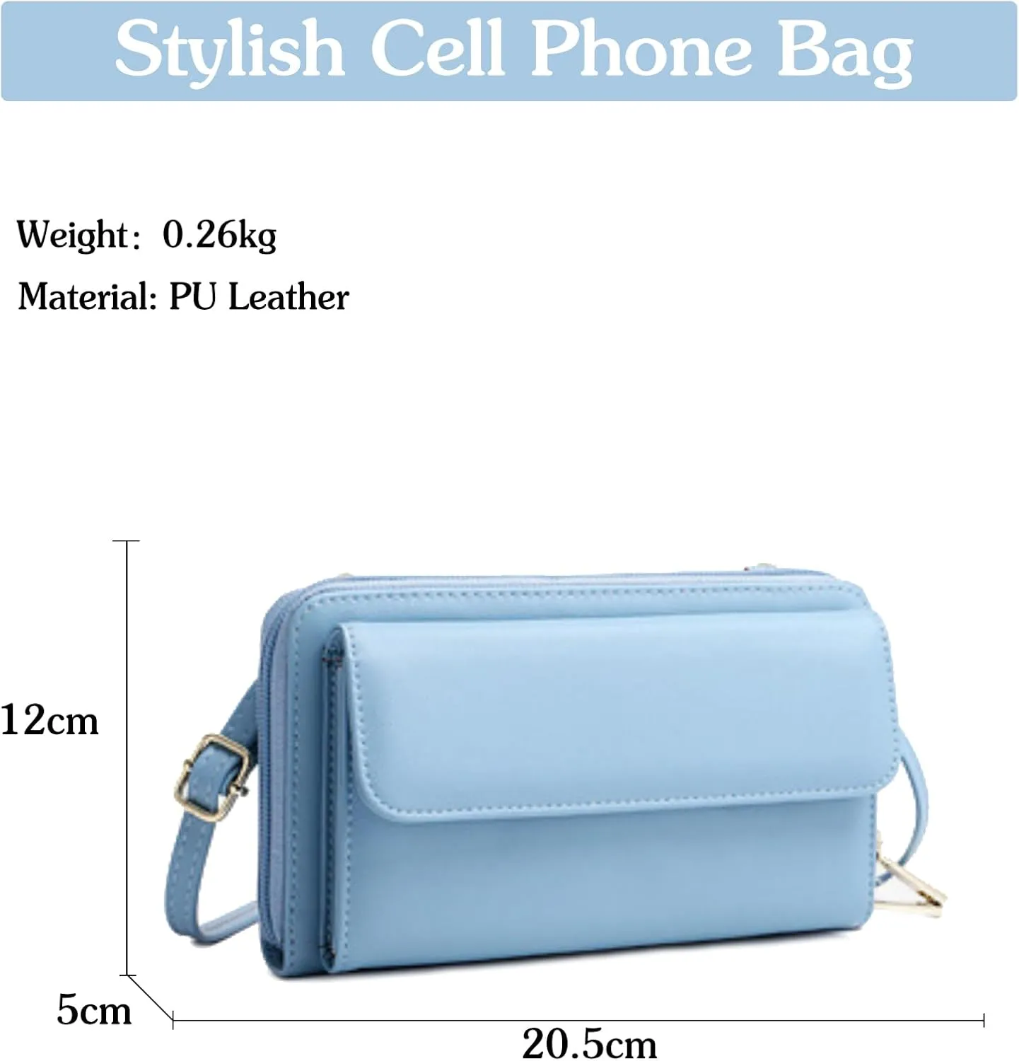 PORRASSO Touch Screen Crossbody Phone Bag Fashion Wallet Women's Shoulder Bag Clutch RFID Blocking Purse PU Wallet for Party Wedding Travelling Light Blue