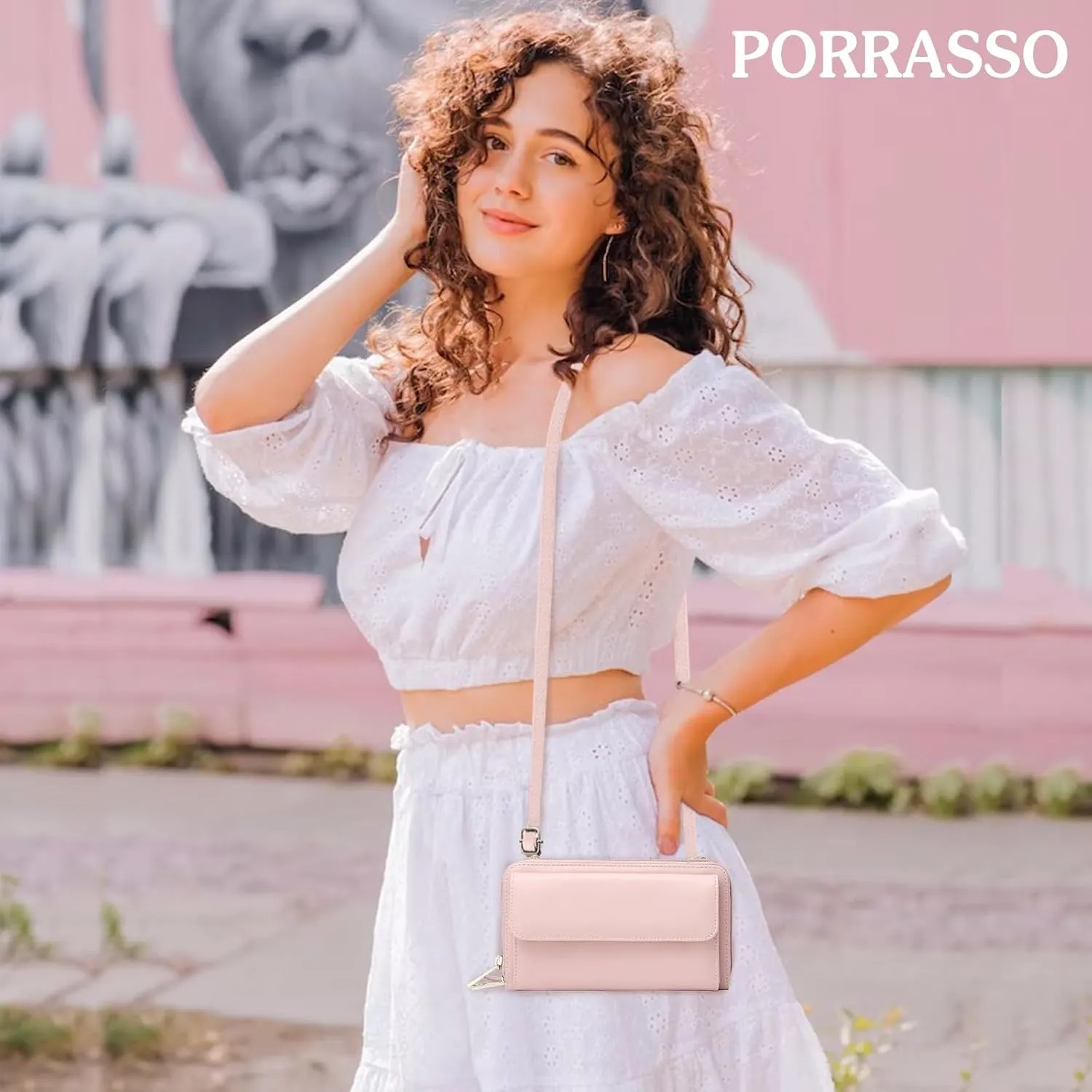 PORRASSO Touch Screen Crossbody Phone Bag Fashion Wallet Women's Shoulder Bag Clutch RFID Blocking Purse PU Wallet for Party Wedding Travelling Pink