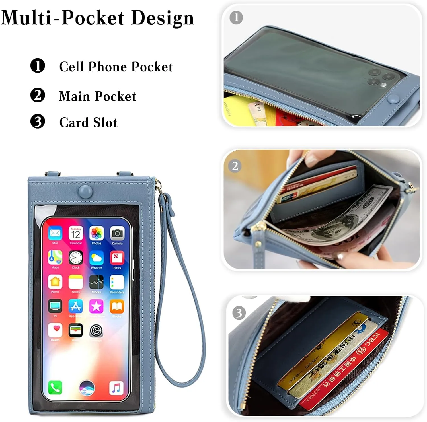 PORRASSO Touch Screen Crossbody Phone Bag Fashion Wallet Women's Shoulder Bag Clutch Wristlet Bag PU Purse for Party Wedding Travelling Green