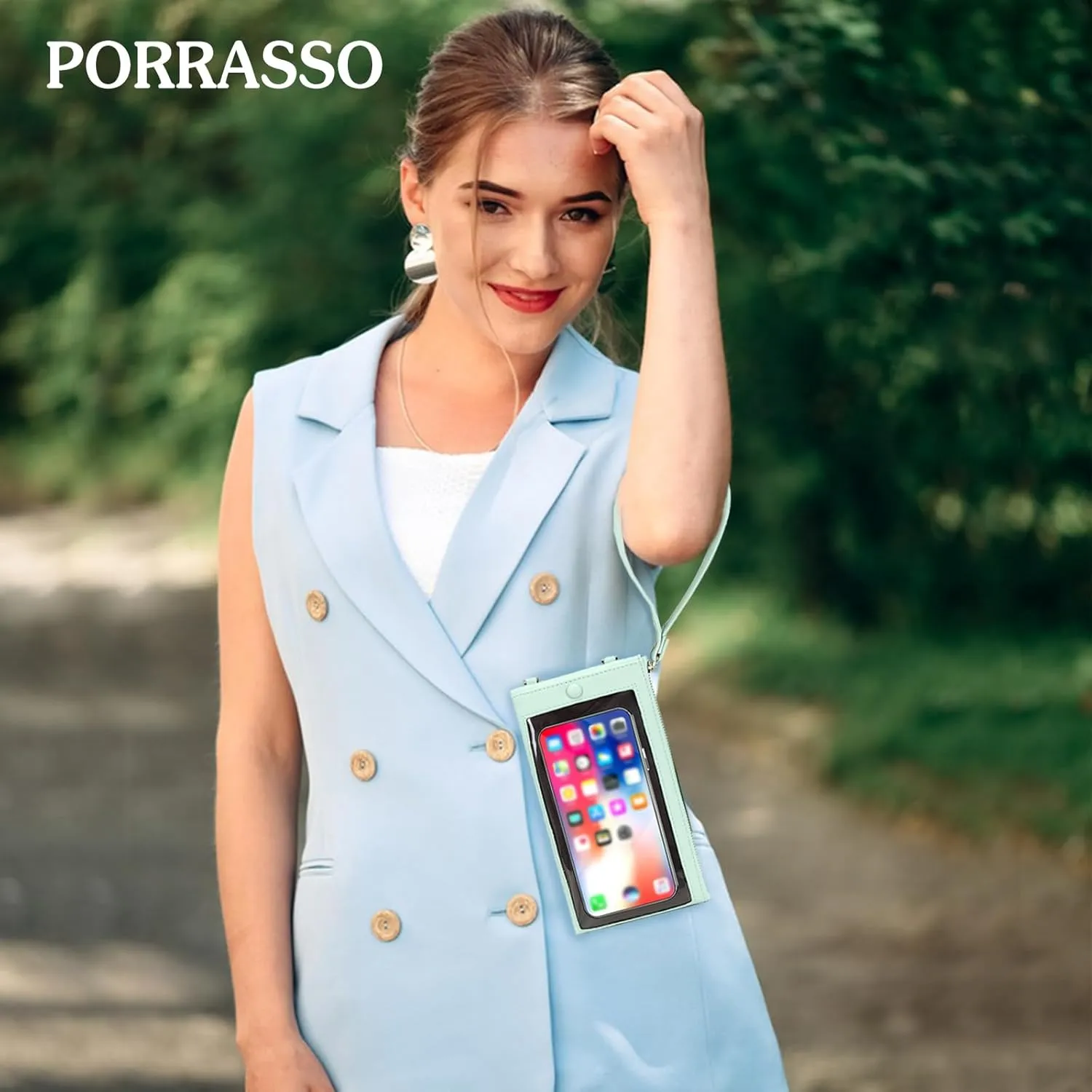 PORRASSO Touch Screen Crossbody Phone Bag Fashion Wallet Women's Shoulder Bag Clutch Wristlet Bag PU Purse for Party Wedding Travelling Green
