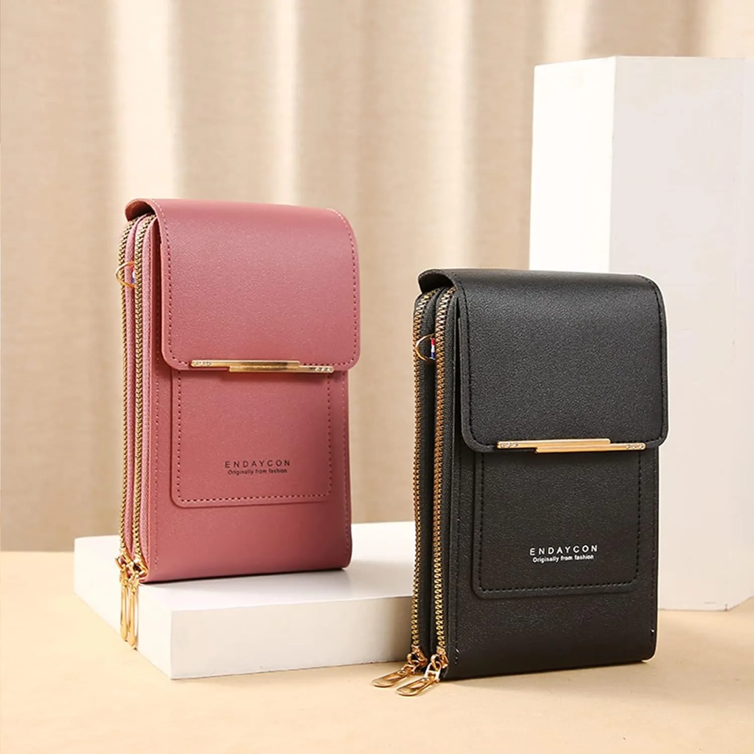 PORRASSO Touch Screen Crossbody Phone Bag Women Shoulder Bag PU Phone Purse Bag Fashion Satchel Wallet for Dating Shopping Traveling Dark pink
