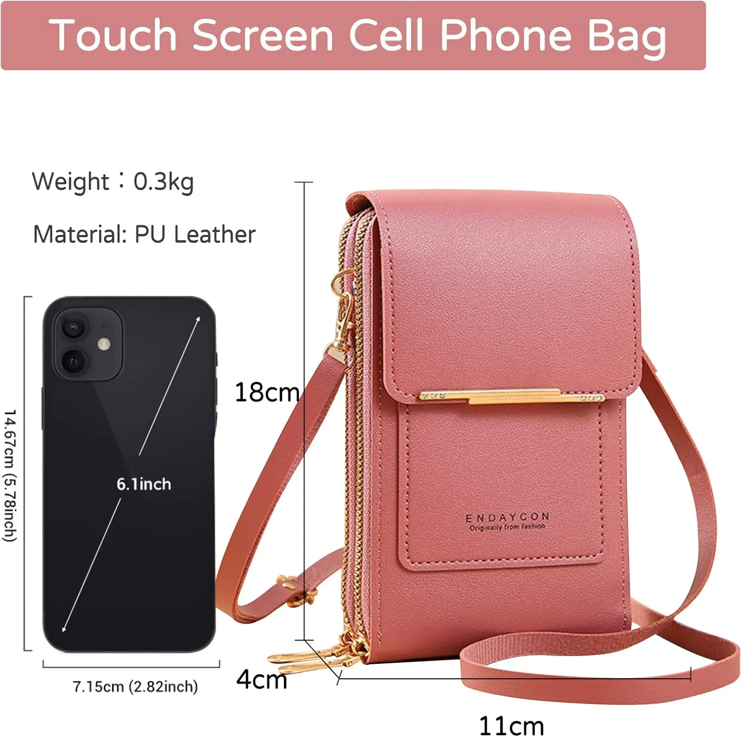 PORRASSO Touch Screen Crossbody Phone Bag Women Shoulder Bag PU Phone Purse Bag Fashion Satchel Wallet for Dating Shopping Traveling Dark pink