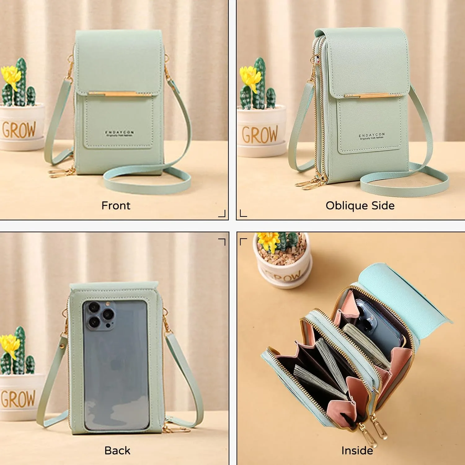 PORRASSO Touch Screen Crossbody Phone Bag Women Shoulder Bag PU Phone Purse Bag Fashion Satchel Wallet for Dating Shopping Traveling Grey