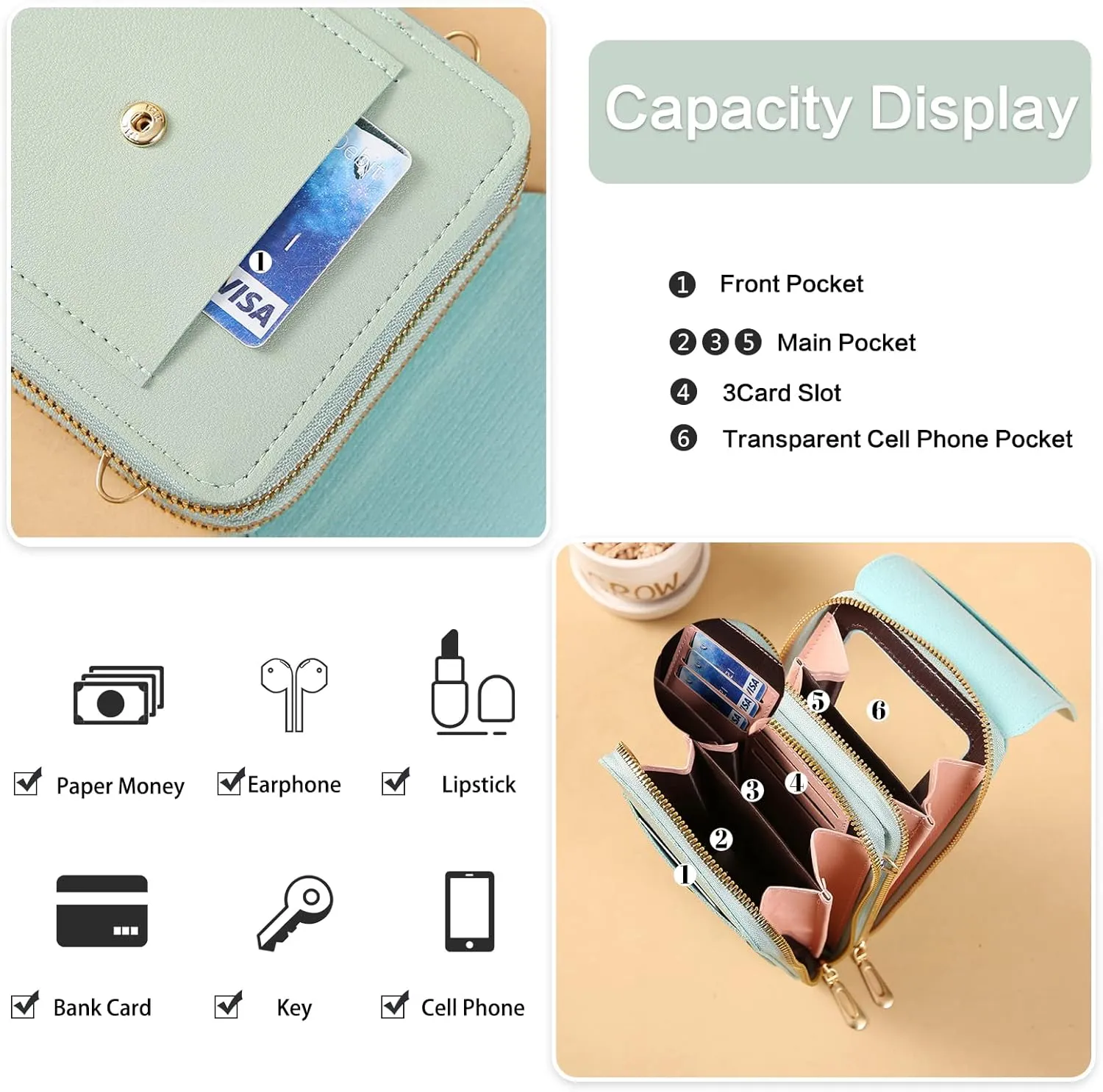 PORRASSO Touch Screen Crossbody Phone Bag Women Shoulder Bag PU Phone Purse Bag Fashion Satchel Wallet for Dating Shopping Traveling Grey