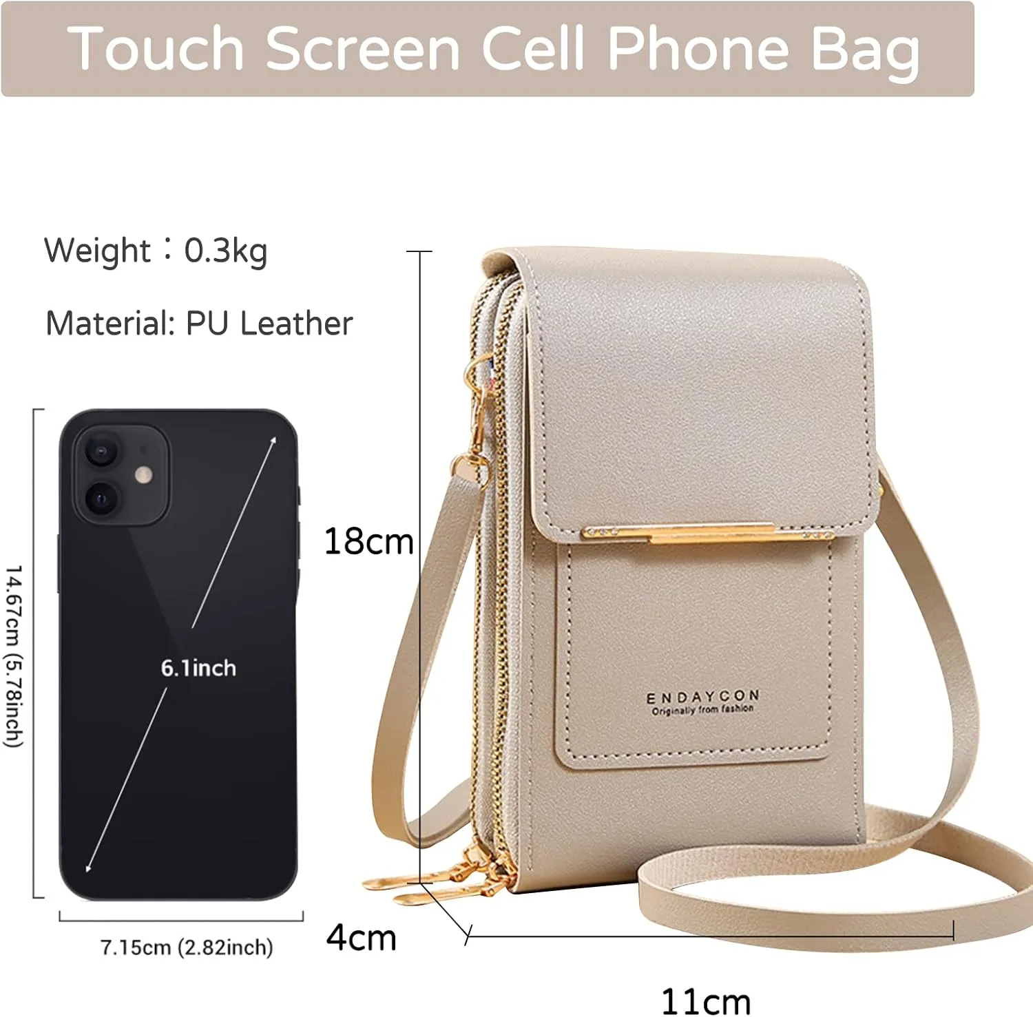 PORRASSO Touch Screen Crossbody Phone Bag Women Shoulder Bag PU Phone Purse Bag Fashion Satchel Wallet for Dating Shopping Traveling Grey