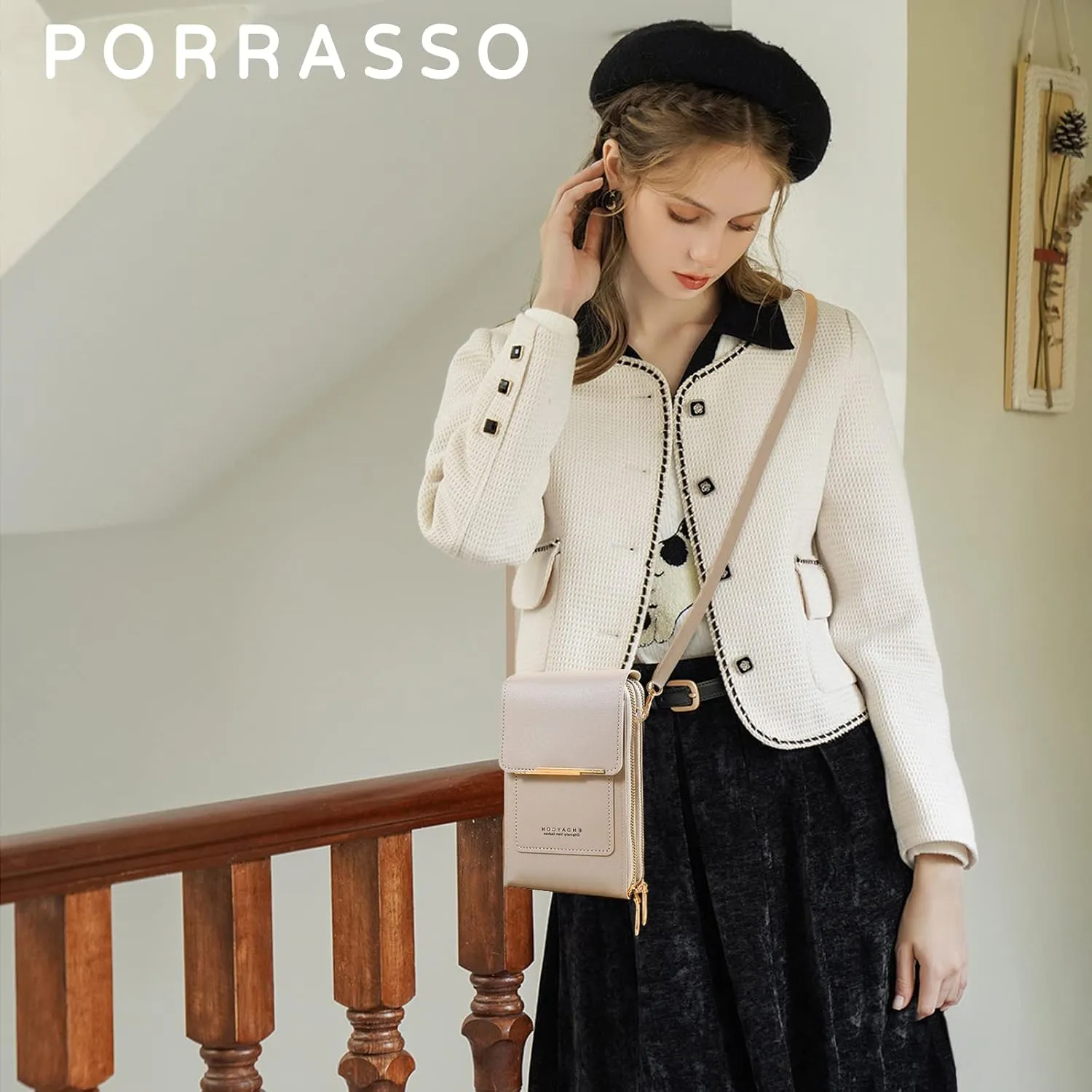 PORRASSO Touch Screen Crossbody Phone Bag Women Shoulder Bag PU Phone Purse Bag Fashion Satchel Wallet for Dating Shopping Traveling Grey