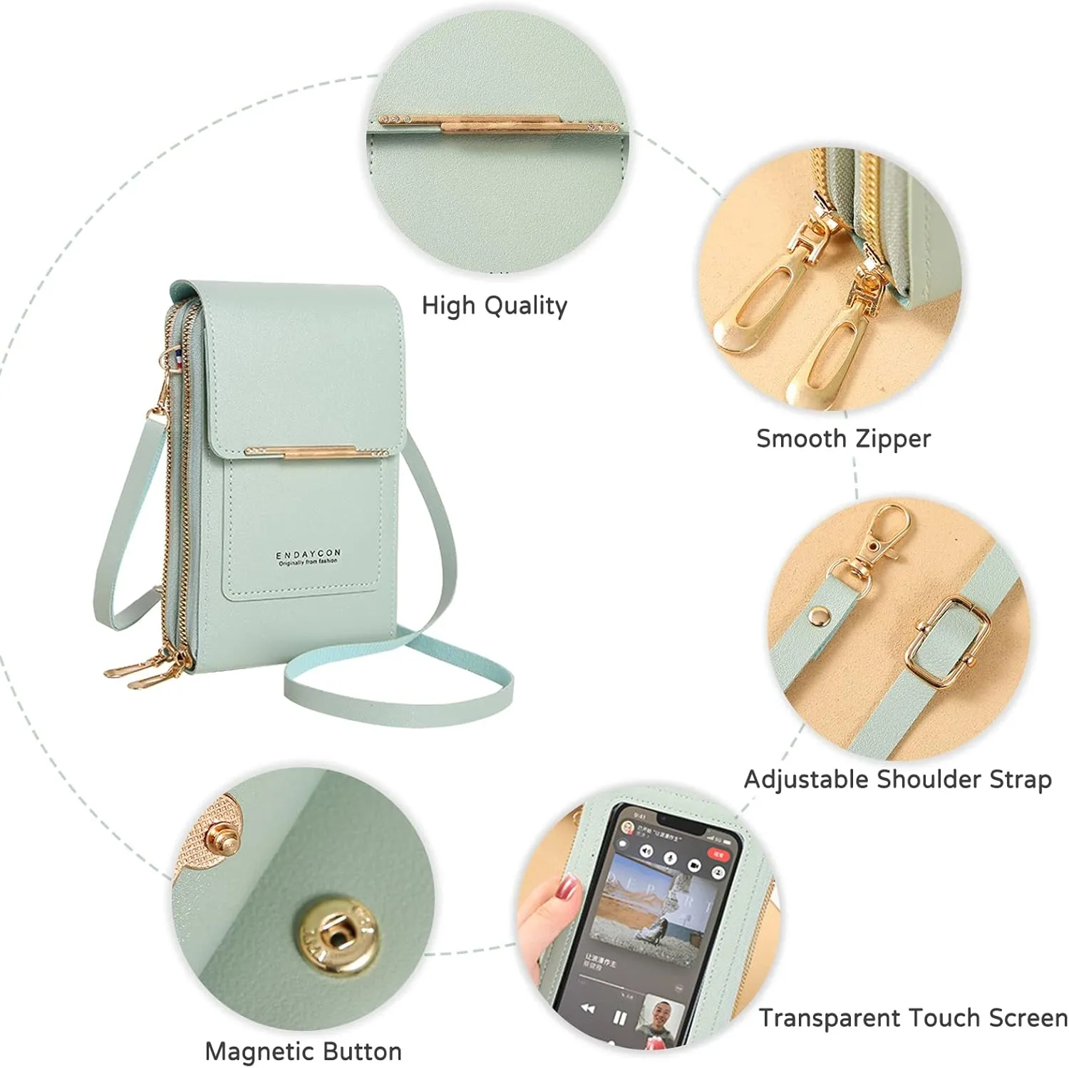 PORRASSO Touch Screen Crossbody Phone Bag Women Shoulder Bag PU Phone Purse Bag Fashion Satchel Wallet for Dating Shopping Traveling Grey
