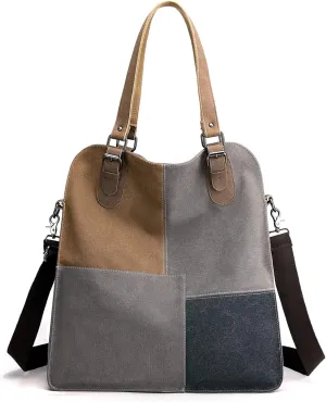 PORRASSO Vintage Shoulder Bag Canvas Crossbody Bag Women Handbag Large Satchel Ladies Stitching Hobo Tote for Travel Work Shopping Daily Use Grey