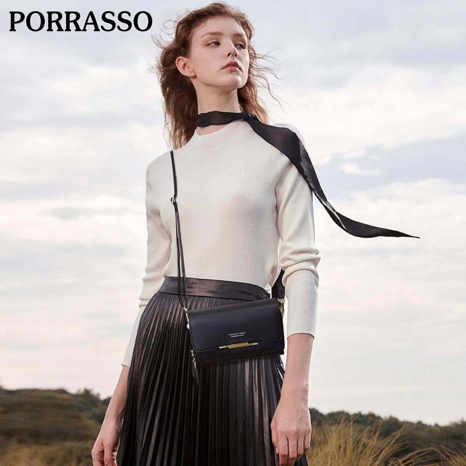 PORRASSO Women's Wallet Crossbody Phone Bag Shoulder Bag Clutch Purse Bag PU Wallet for Party Wedding Travelling Black