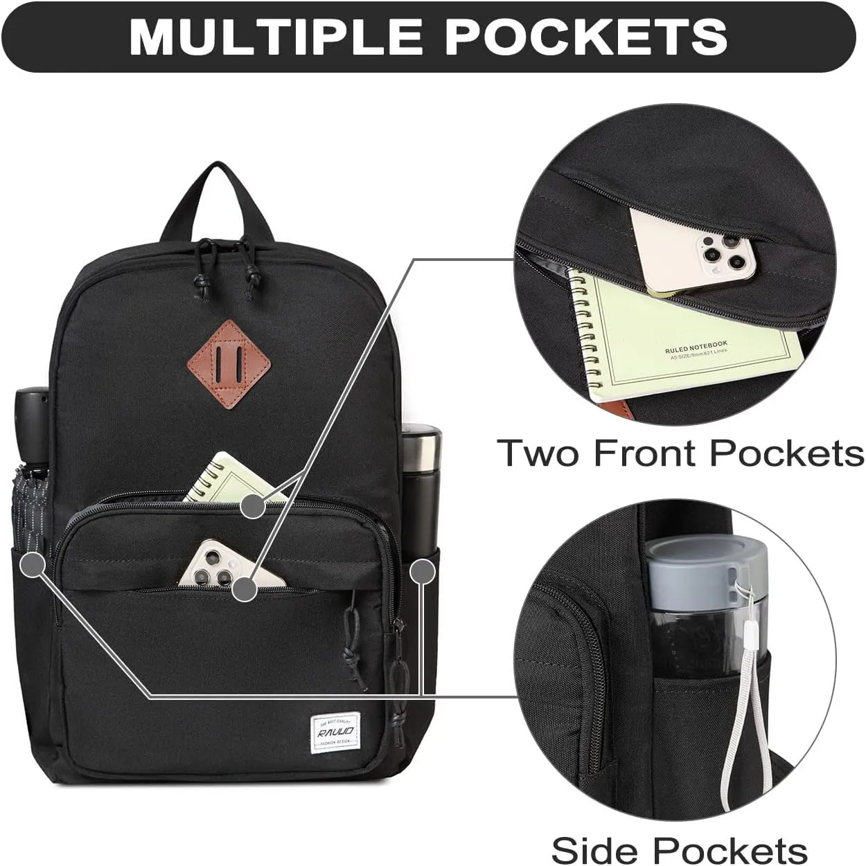 RAVUO School Backpack, Lightweight Classic Bookbag Casual Daypack for Men Women