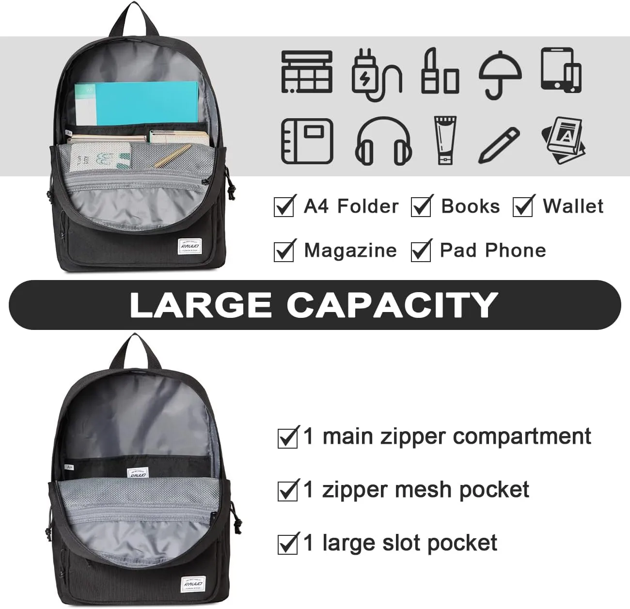 RAVUO School Backpack, Lightweight Classic Bookbag Casual Daypack for Men Women