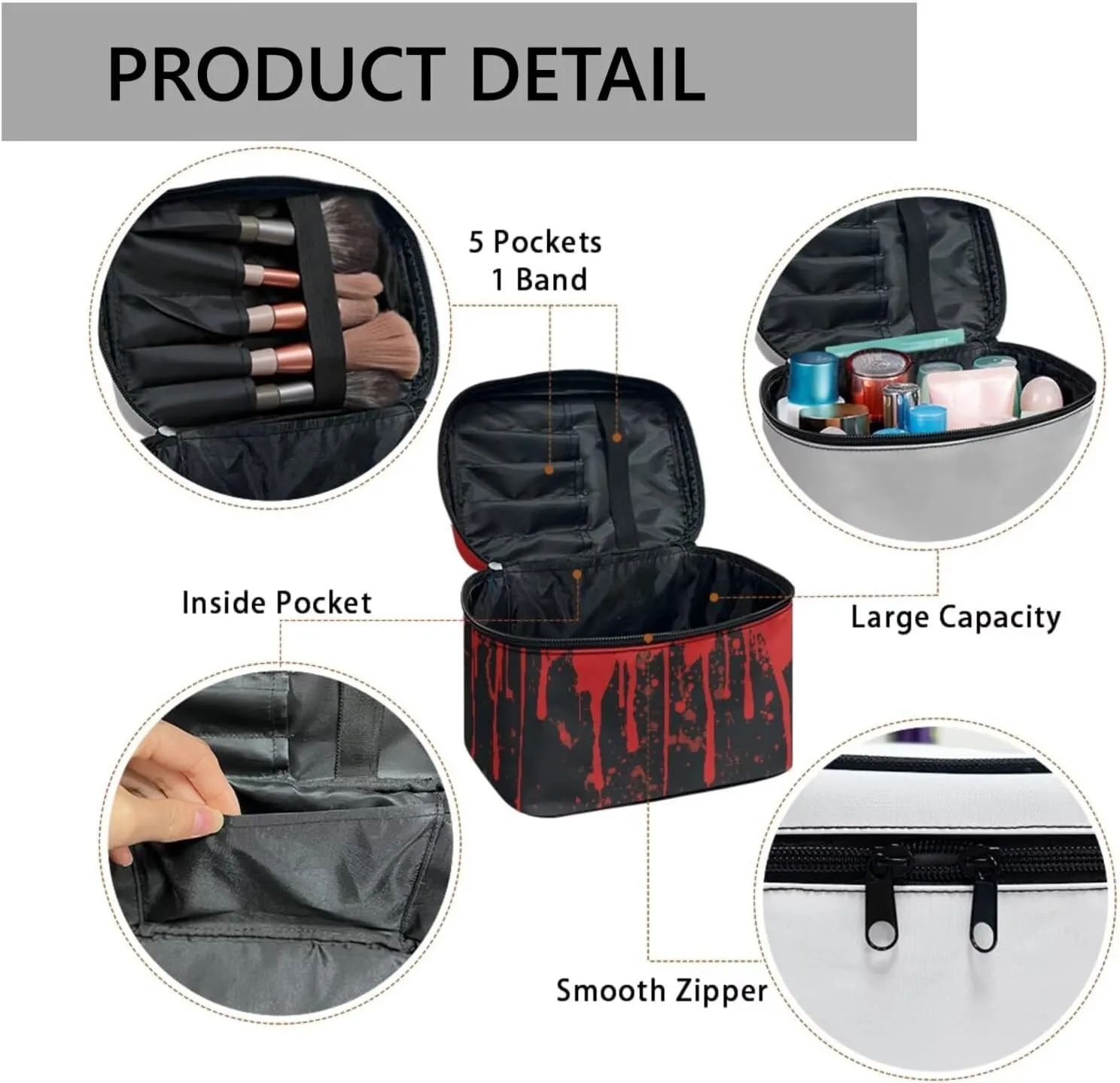 Red Bloody Splatter Toiletry Bag Travel Make Up Bag for Women Cosmetic Bag, Halloween Blood Splash Roomy Cosmetic Pouch for Purse Zipper Makeup Bags Large