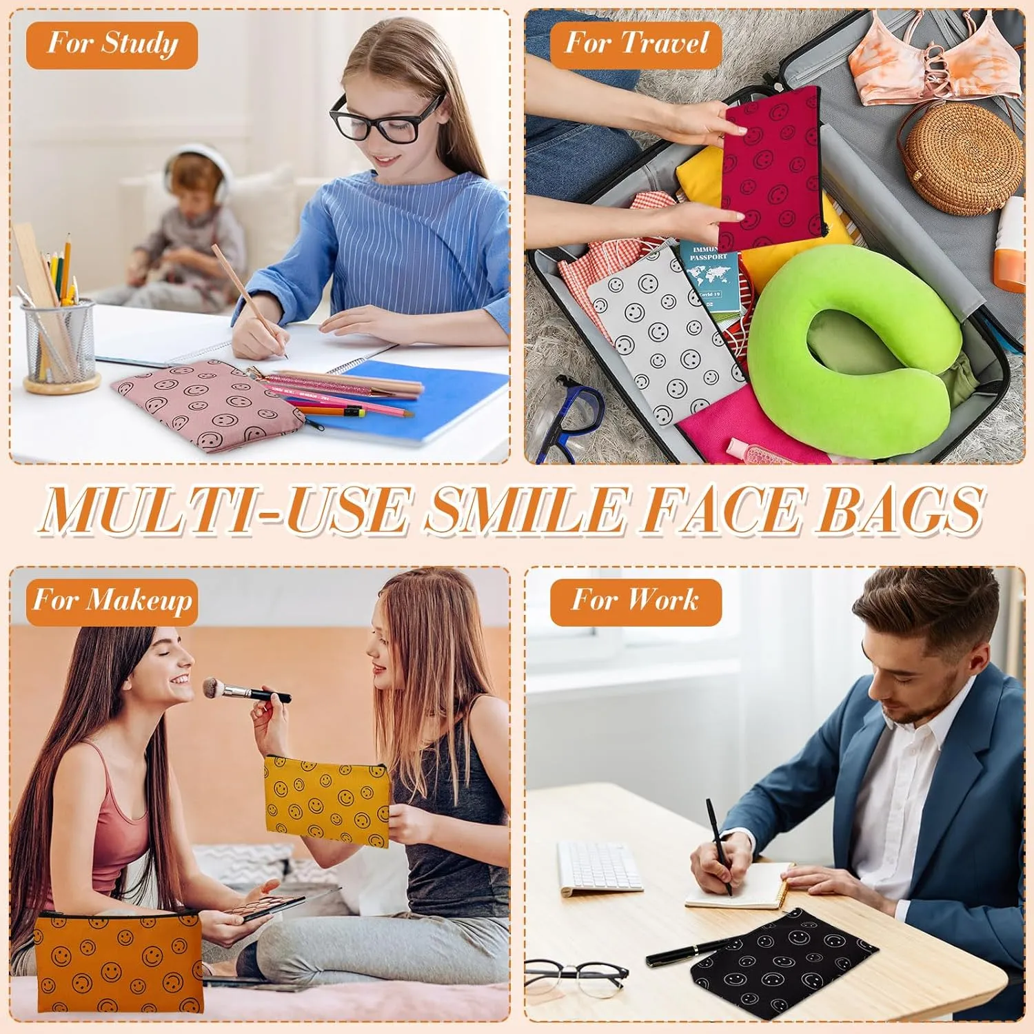 Reginary 20 Pieces Cosmetic Bag for Women, Roomy Makeup Bags with Zipper Toiletry Bag Pouch Travel Packing Accessory Organizer Gifts, 7 x 4.3 Inches (Smile Face)