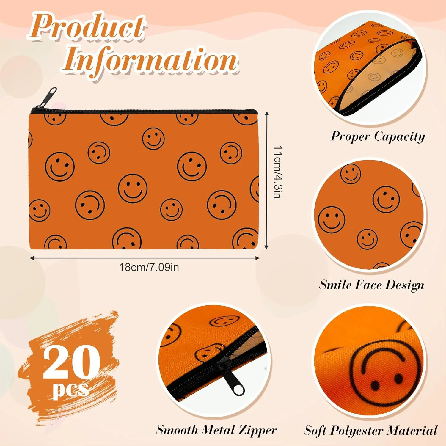 Reginary 20 Pieces Cosmetic Bag for Women, Roomy Makeup Bags with Zipper Toiletry Bag Pouch Travel Packing Accessory Organizer Gifts, 7 x 4.3 Inches (Smile Face)