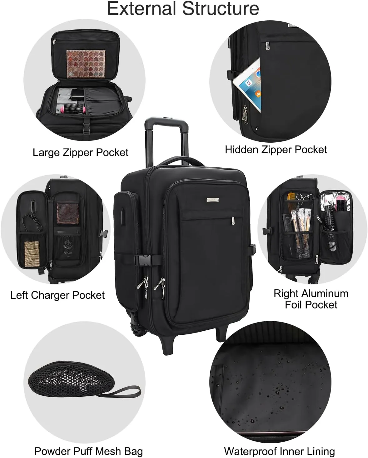 Relavel Rolling Makeup Case with 4 Clear Makeup Bags, Makeup Backpack with Makeup Brush Holder, Professional Makeup Organizer, Large Capacity with Adjustable Dividers (Black)