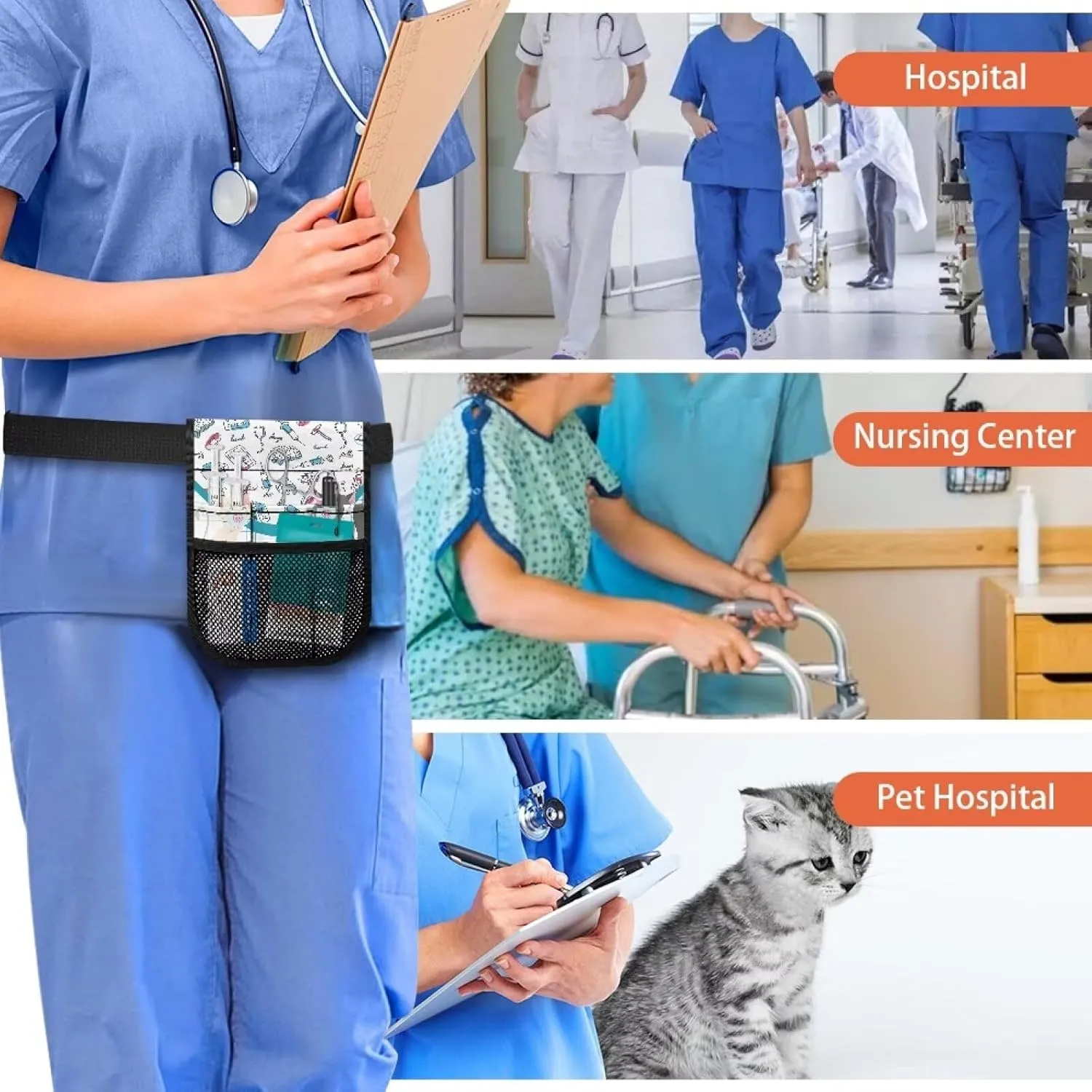 Rnyleeg Fanny Pack with Tape Holder for Nurse,Nursing Waist Pack Adjustable Belt Tool Nurse Fanny Bag for Work Kit Practical Waist Bag,Cat Doctor Print