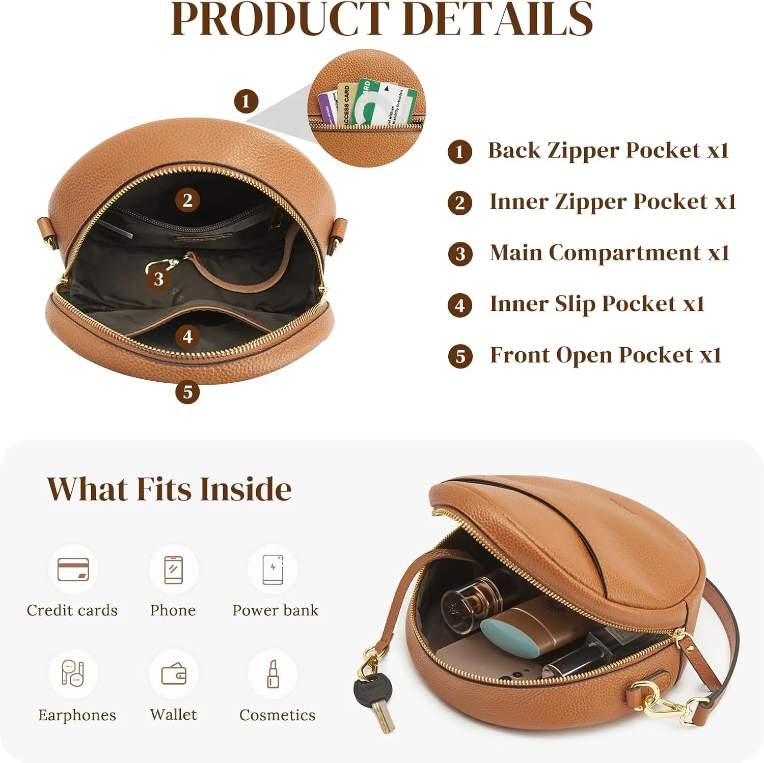 S-ZONE Leather Crossbody Bags for Women Vintage Circle Shoulder Purse Trendy Round Handbag with Adjustable Strap