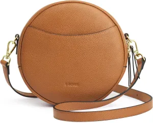 S-ZONE Leather Crossbody Bags for Women Vintage Circle Shoulder Purse Trendy Round Handbag with Adjustable Strap