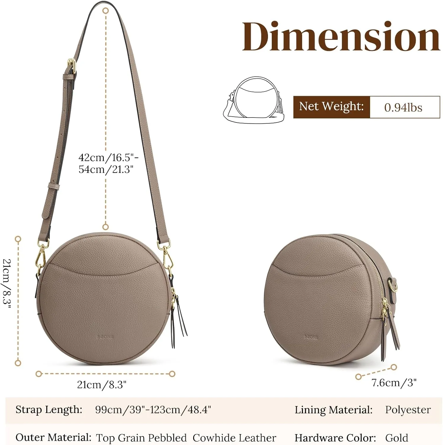 S-ZONE Leather Crossbody Bags for Women Vintage Circle Shoulder Purse Trendy Round Handbag with Adjustable Strap