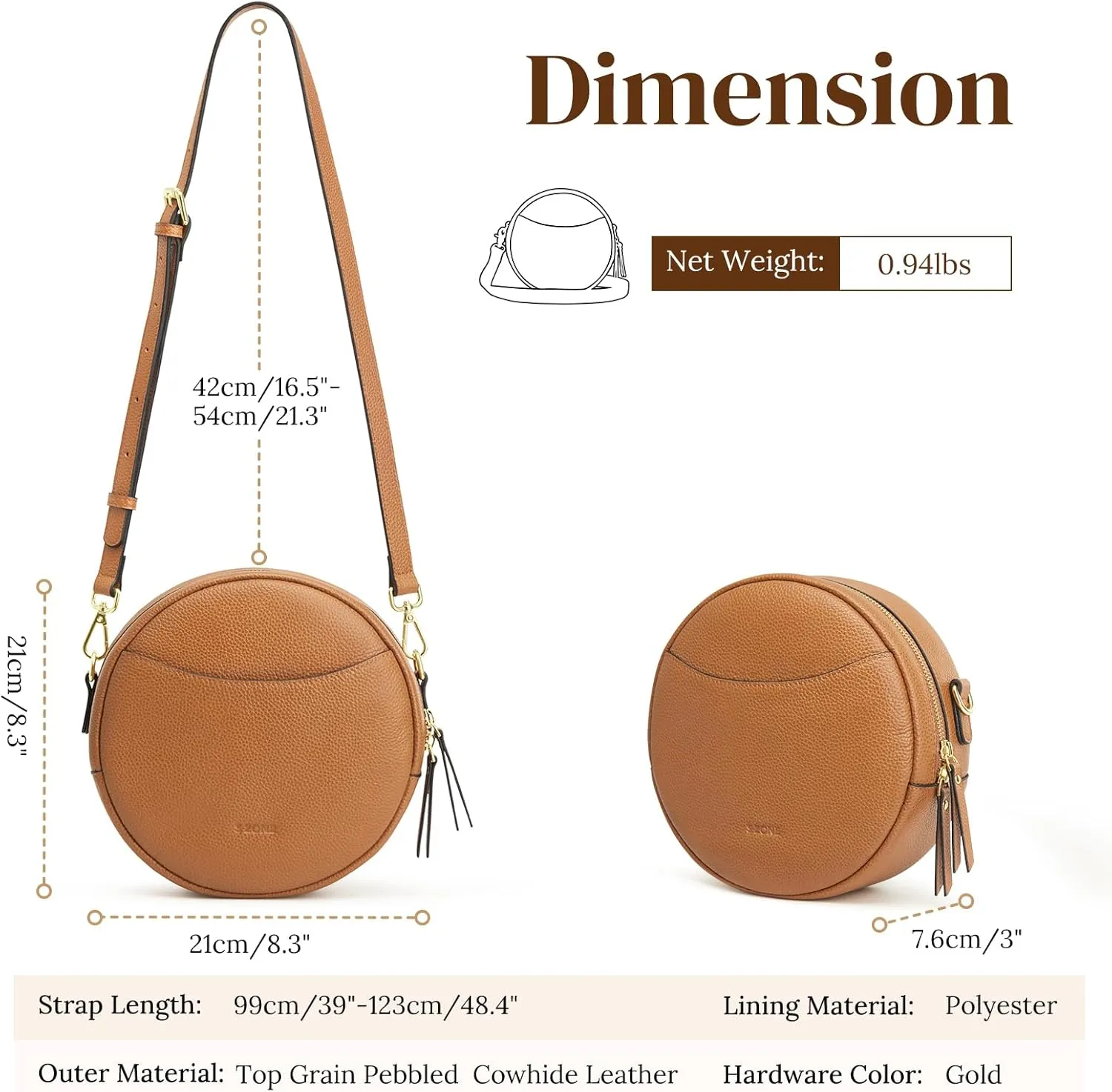 S-ZONE Leather Crossbody Bags for Women Vintage Circle Shoulder Purse Trendy Round Handbag with Adjustable Strap