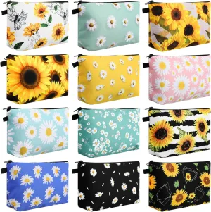 Sanwuta 12 Pieces Cosmetic Makeup Bags Printed Roomy Toiletry Waterproof Beauty Bag Organizer Pouches with Zipper Makeup Accessories for Women(Flower Style)