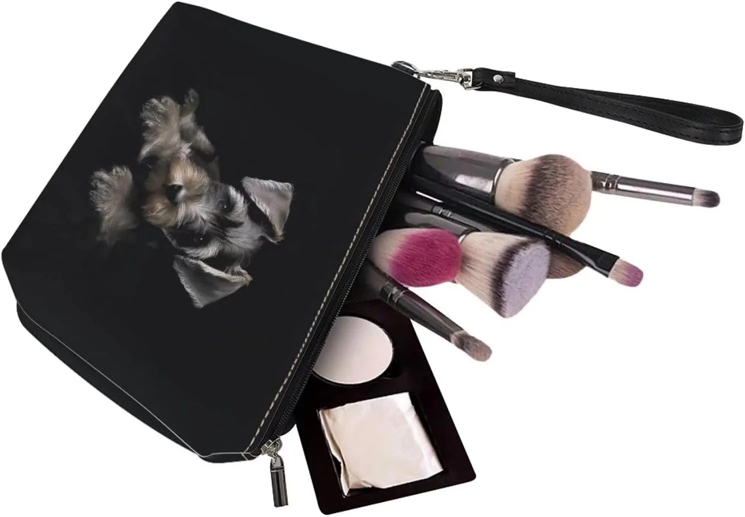 Schnauzer Cosmetic Bag for Women Black, Roomy Dog Print Leather Makeup Bag with Zipper, Outdoor Travel Accessories Waterproof Toiletry Bag Purse