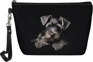 Schnauzer Cosmetic Bag for Women Black, Roomy Dog Print Leather Makeup Bag with Zipper, Outdoor Travel Accessories Waterproof Toiletry Bag Purse