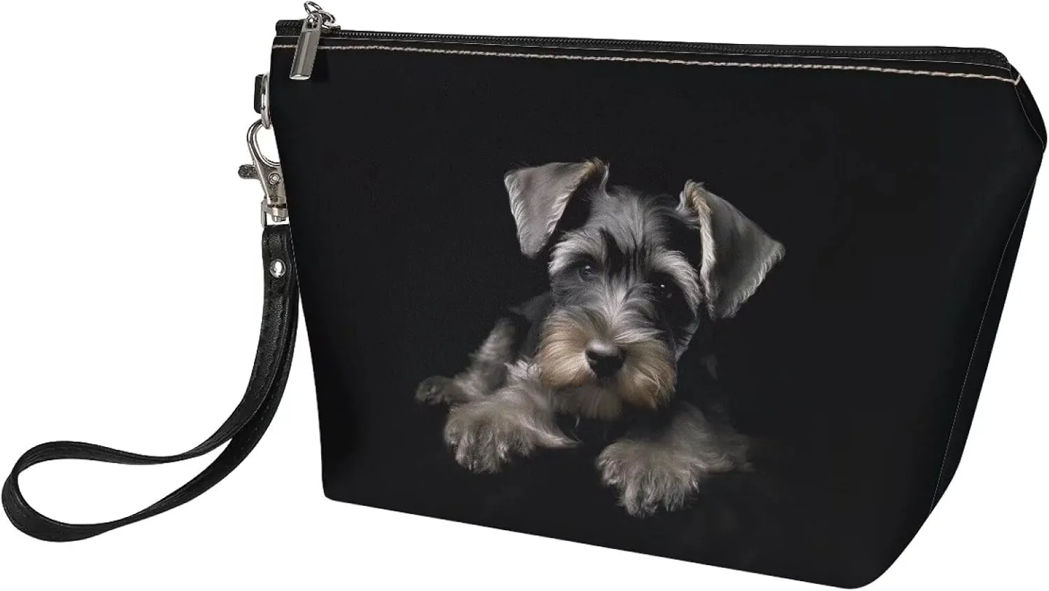 Schnauzer Cosmetic Bag for Women Black, Roomy Dog Print Leather Makeup Bag with Zipper, Outdoor Travel Accessories Waterproof Toiletry Bag Purse