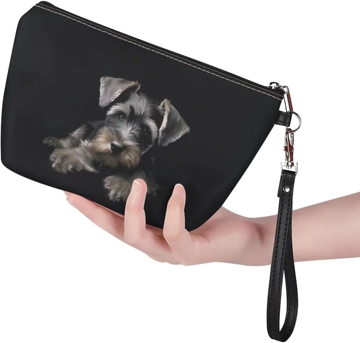 Schnauzer Cosmetic Bag for Women Black, Roomy Dog Print Leather Makeup Bag with Zipper, Outdoor Travel Accessories Waterproof Toiletry Bag Purse