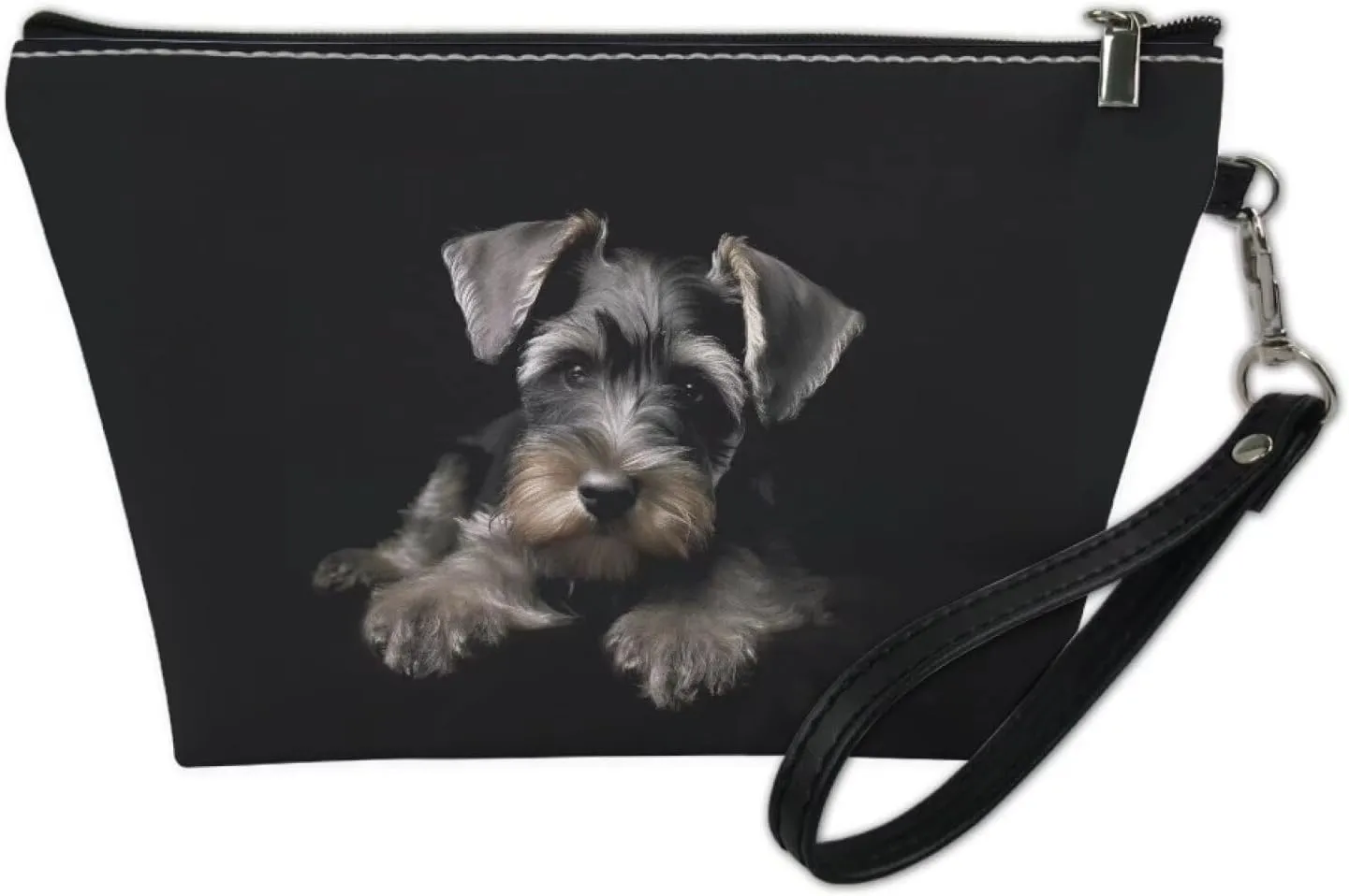 Schnauzer Cosmetic Bag for Women Black, Roomy Dog Print Leather Makeup Bag with Zipper, Outdoor Travel Accessories Waterproof Toiletry Bag Purse