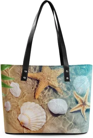 Seashell Starfish on Beach Leather Lady's Handbag Crossbody Purse for Women Ladies Soft Shoulder Bag Medium Roomy Handbag Fashion Tote Top Handle Satchel