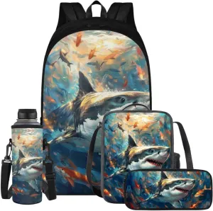 Shark Print Backpacks for Boys with Lunch Box Cute Bookbag for Teen Girls Practical Insulated Lunch Bag for Secondary Schools Junior Middle School