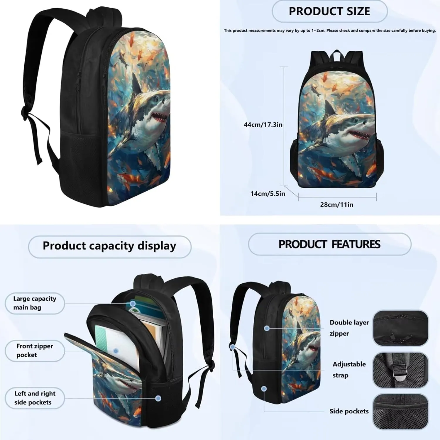 Shark Print Backpacks for Boys with Lunch Box Cute Bookbag for Teen Girls Practical Insulated Lunch Bag for Secondary Schools Junior Middle School