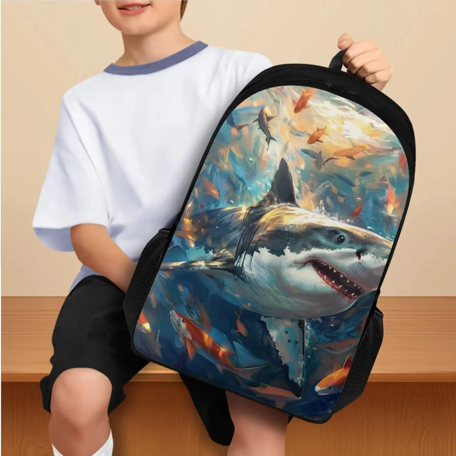 Shark Print Backpacks for Boys with Lunch Box Cute Bookbag for Teen Girls Practical Insulated Lunch Bag for Secondary Schools Junior Middle School