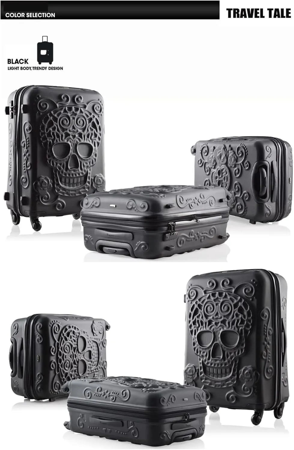 Skull Travel Suitcase Spinner Rolling Luggage Trolley Bag for Traveling - Stylish and Convenient Carry-On for Your Adventures, Black, 20inch