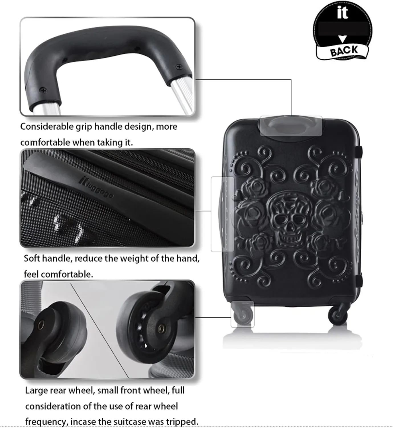 Skull Travel Suitcase Spinner Rolling Luggage Trolley Bag for Traveling - Stylish and Convenient Carry-On for Your Adventures, Black, 20inch