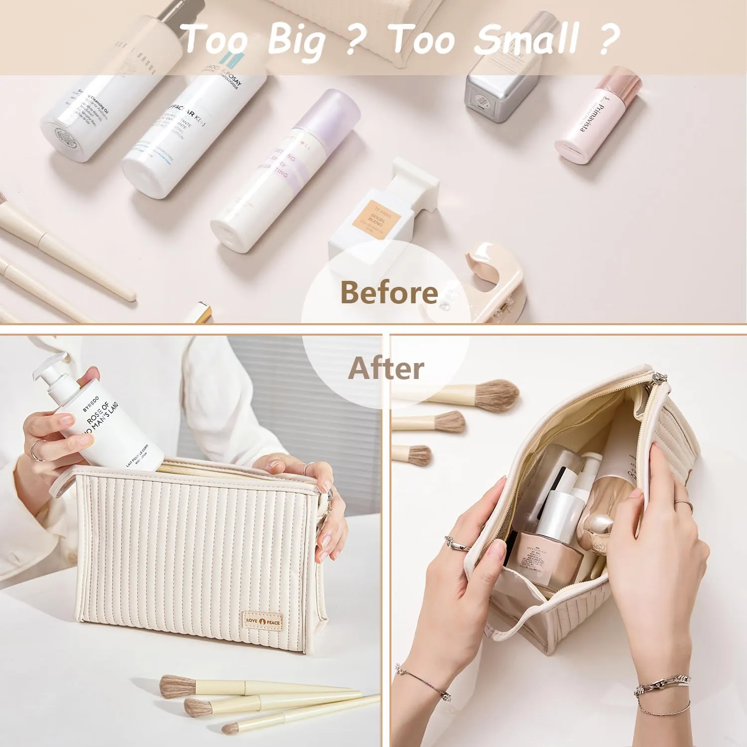Small Compact Large Capacity Makeup Bag Cute Aesthetic Cosmetic Bags for Travel Essentials Organizer Waterproof Soft Leather Makeup Bag Zipper Pouch Portable Toiletry Bag for Women
